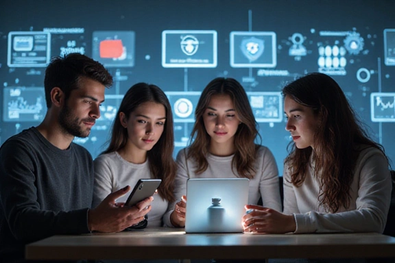 A group of diverse people interacting with digital devices, representing website visitors and their data privacy
