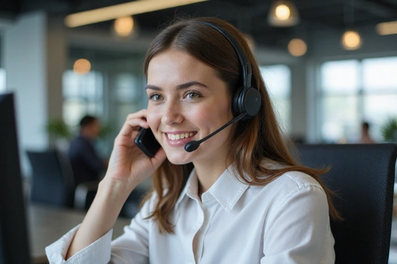 Egy professzionális telefonközpontos mosolyogva fogadja a hívásokat, modern fejhallgatóval.