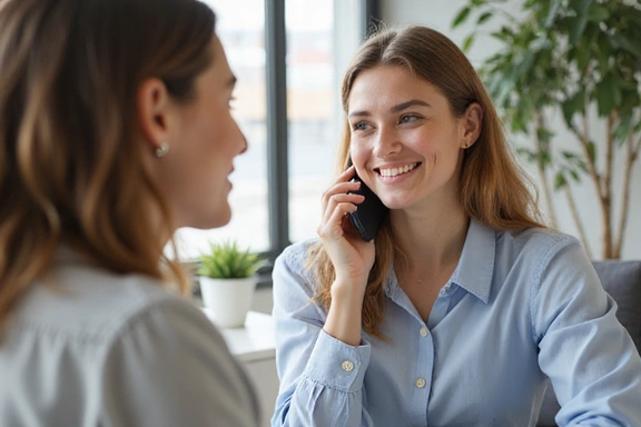 Egy elégedett ügyfél mosolyogva beszél a telefonba, amint tanácsot kap egy táplálkozási szakértőtől.