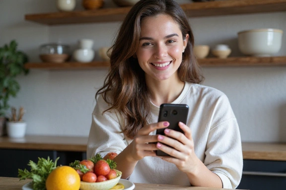 Fiatal nő telefonnal a kezében, mosolyogva görget a közösségi média feedjén, egészséges gyümölcssaláta mellett.