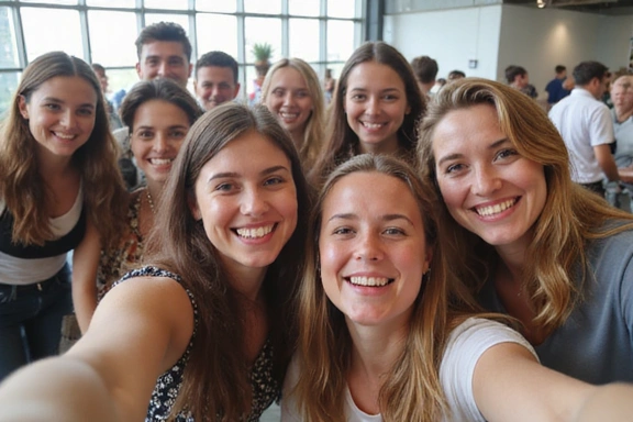 Több ember csoportképe, akik nevetnek és szelfiznek egy egészséges életmód eseményen.