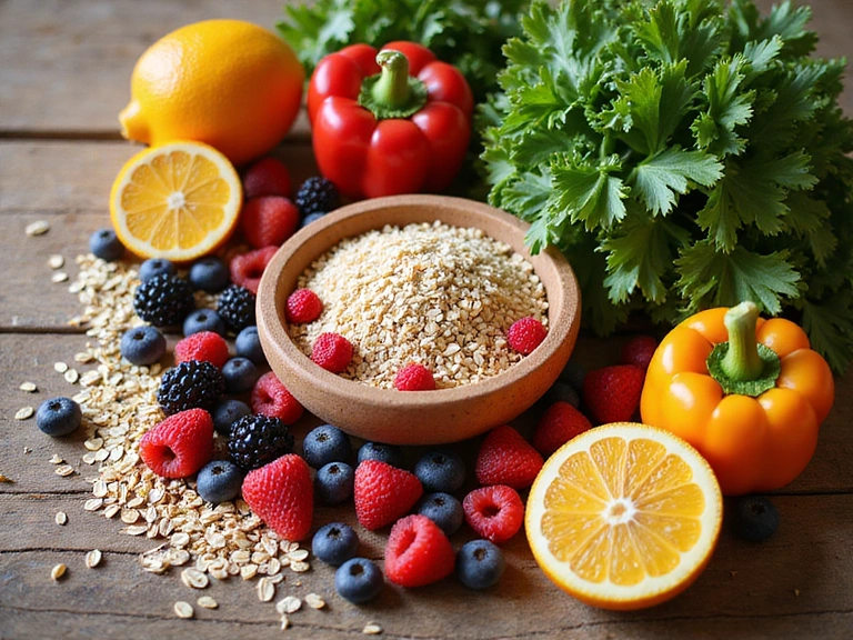 Vibrant image of a variety of fresh, healthy foods like fruits, vegetables, and whole grains, arranged aesthetically.