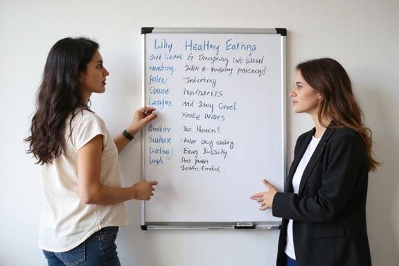 Egy dietetikus, aki egy táblán magyaráz egy ügyfélnek az egészséges étkezési szokásokról, hangsúlyozva a hosszú távú fenntarthatóságot.