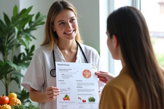 Egy dietetikus, aki egyedi táplálkozási tervet mutat be egy ügyfélnek egy modern irodában, ahol friss gyümölcsök és zöldségek is láthatók.