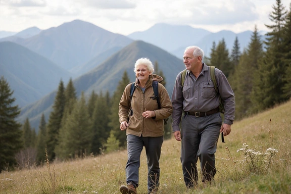Idősebb házaspár túrázik a hegyekben, aktívan és boldogan.