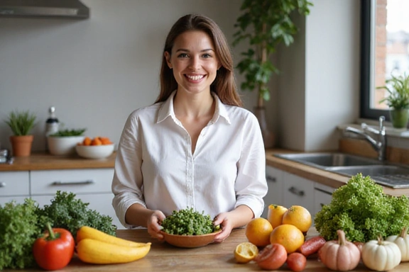 Mosolygó nő friss zöldségekkel és gyümölcsökkel a konyhában.
